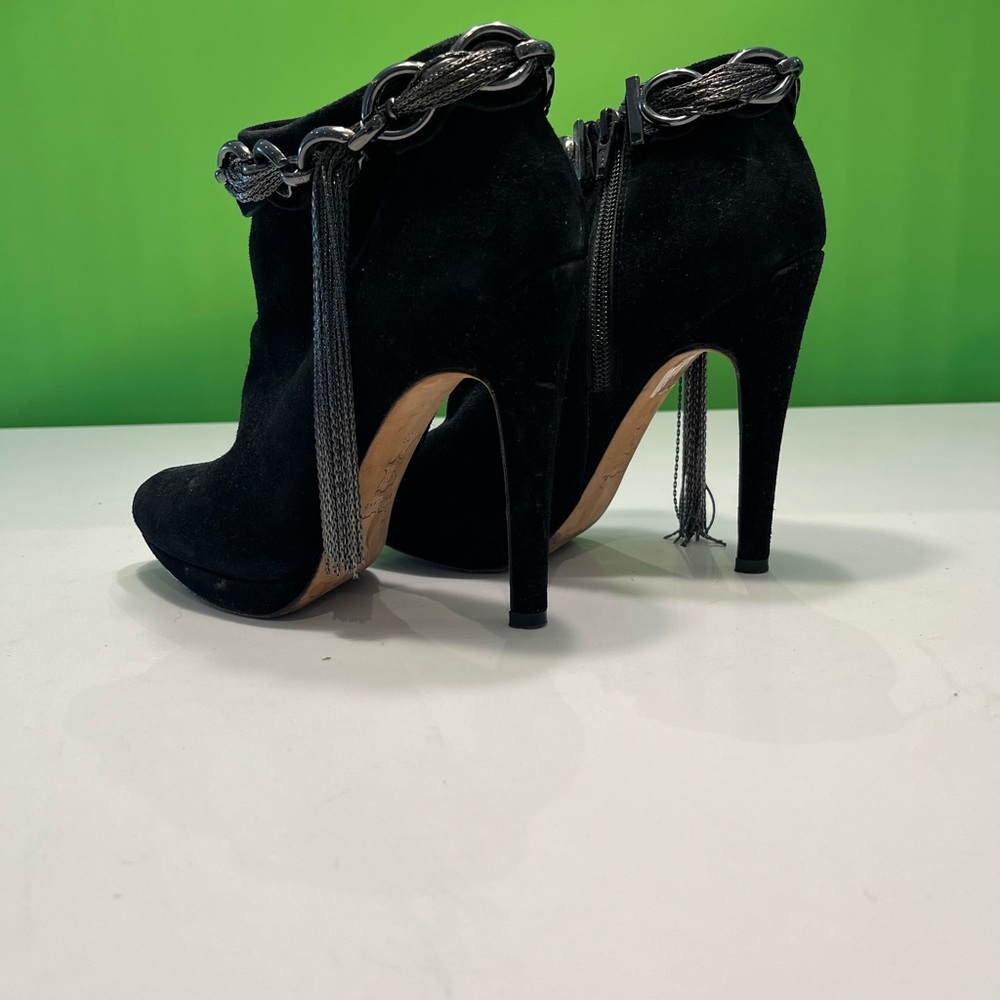 Suede sky-high ankle booties with chain fringe